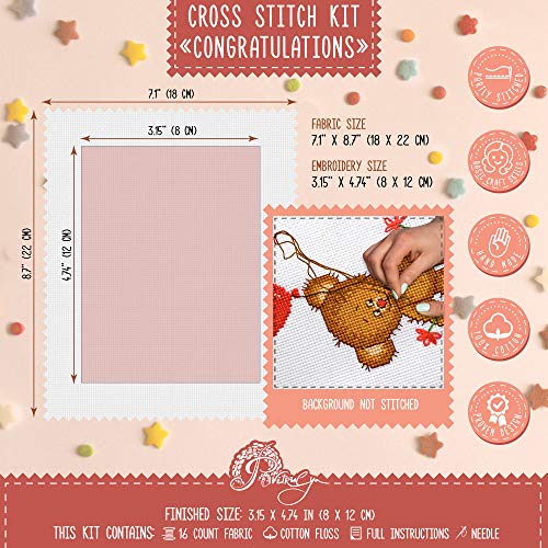 Povitrulya Cross Stitch Kit for Baby Boy “Congratulations!” - Teddy Bear Embroidery Set fors - color: Congratulations!