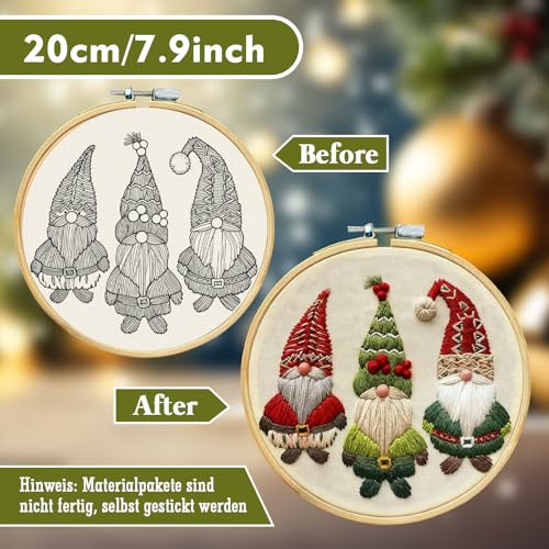 RUIQLXHANG Christmas Embroidery Kit - Christmas Gnomes Embroidery Kits for Beginners with Pattern, Cotton Threads, Needles, Instruction, 20cm Hoop, Gift for Mom, Grandma - color: Christmas Gnomes