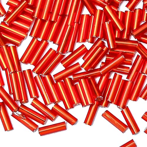 2000pcs Glass Bugle Beads, Tube Beads Bulk, Mini Long Tiny Small Waist Loose Spacer Embroidery Beaded for Bracelets Jewelry Making Sewing, Crafts, 2×6mm, Orange-Red - color: Orange-Red
