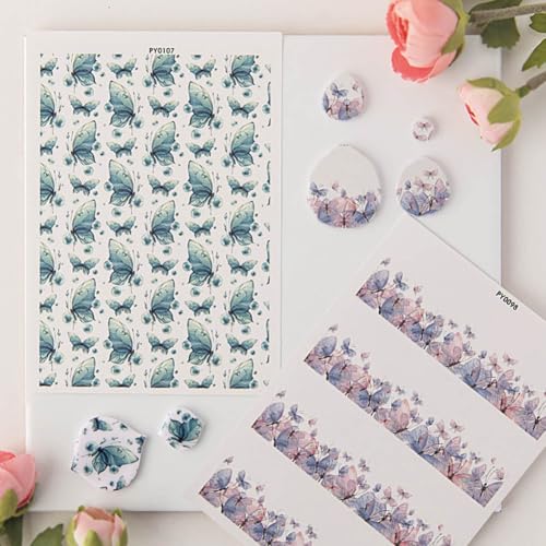 KABAKE Polymer Clay Transfer Paper 4 PCS Colorful Flowers Water Soluble Transfer Sheet for Earrings Jewelry Making - color: Watercolor Butterfly