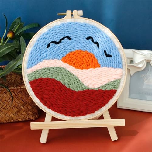 Woohome Punch Needle Kit Included Plastic Hoops, Punch Needle Cloth, Color Yarn and Punch Needle Tools for Adults, Beginners (Sunset and Flower Fields) - color: Color 26