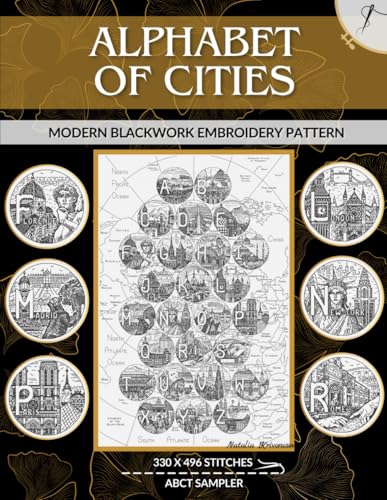 Alphabet of Cities: Modern Blackwork Embroidery Pattern
