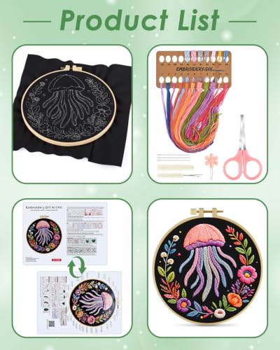 ERKOON Embroidery Kit for Beginners Adult, Cross Stitch Set Include Embroidery Cloth Hoop Threads for Craft Lover Hand Stitch with Embroidery Skill Techniques (Jellyfish) - color: Jellyfish