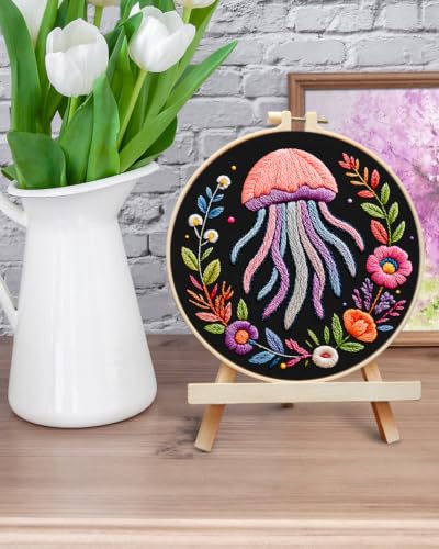 ERKOON Embroidery Kit for Beginners Adult, Cross Stitch Set Include Embroidery Cloth Hoop Threads for Craft Lover Hand Stitch with Embroidery Skill Techniques (Jellyfish) - color: Jellyfish