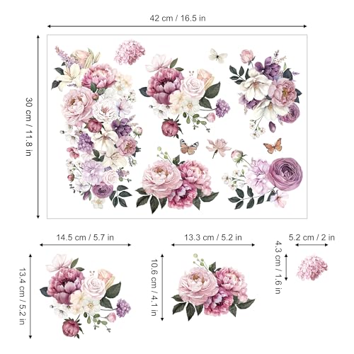 Joeyan Floral Rub On Transfers for Furniture and Crafts,12''x18'' - style: Dreamy Peonies