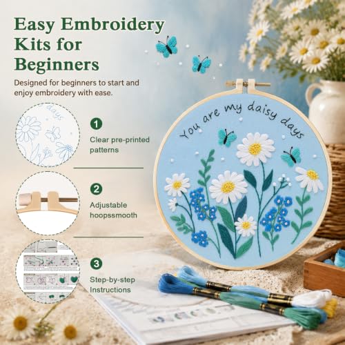 Louise Maelys Daisy Quote Embroidery Kit for Beginners, Blue Floral Craft - color: Daisy Quote