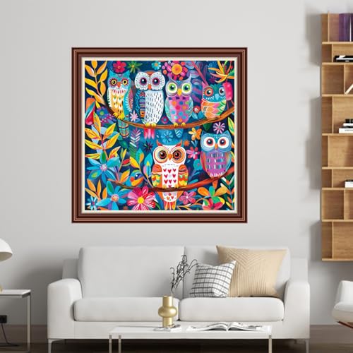 Dimensean Counted Cross Stitch Kit for Beginners, 11CT Unprinted Cross-Stitch Kit Easy Patterns Needlepoint Kit Cross Stitching Embroidery Kit Supplies-Colorful Owl on the Tree 18x18 inch - color: Patterns40