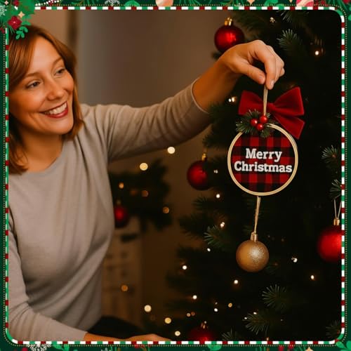 Hoteam 144 Pcs Christmas Embroidery Hoop Set Red Black Plaid Linen Fabric - color: Red and Black Plaid