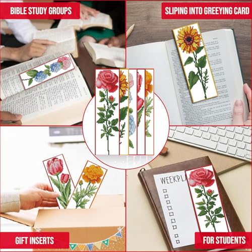 VIGEGU 5 Pack Flower Cross Stitch Bookmark Kits for Adult Beginners - color: Flower Cross Stitch Bookmark