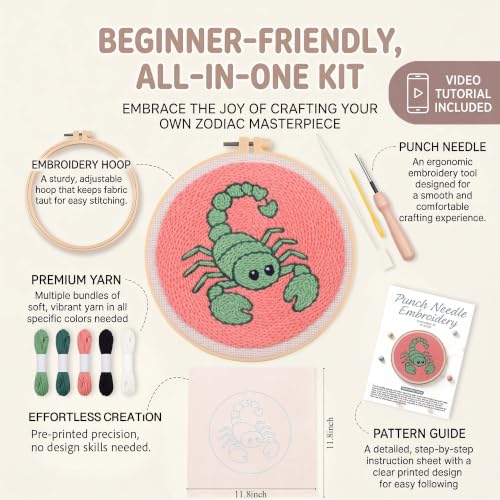 Harimau Punch Needle Kit Twelve Zodiac Signs Pattern,1Pc Embroidery Hoop, Essential Punch Needle Supplies,Ideal Punch Art for Beginners,DIY Adults Embroidery, Video Teaching - color: 65282