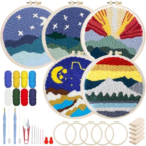 Woohome Punch Needle Kit Included Plastic Hoops, Punch Needle Cloth, Color Yarn and Punch Needle Tools for Adults, Beginners (5 Sets, Night and Lake) - color: Color 25
