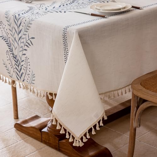 Joyfol Day Rustic Waterproof Linen Tablecloth, Heavy Weight Fern Embroidery Table Cloths for Rectangle Tables, Farmhouse Spill-Proof Table Covers with Tassels, Blue 55''x 86'' - color: Blue Fern, size: 86" x 55" (Rectangular)