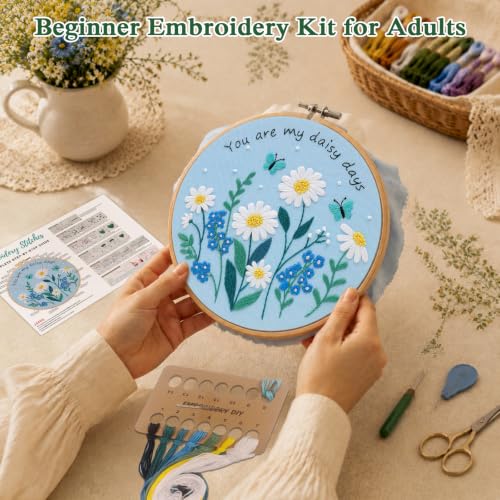 Louise Maelys Daisy Quote Embroidery Kit for Beginners, Blue Floral Craft - color: Daisy Quote