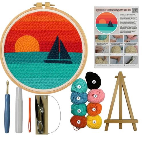 CELCRAFTIQUE Punch Needle Kits for Adults Beginner, Tool with Punch Needle Fabric, Hoops, Yarns and Sewing Needles (Style 3) - color: Sail At Sunset