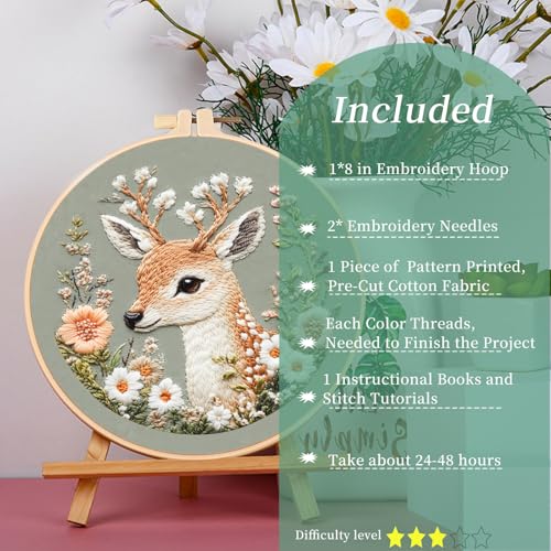 FONNUY Printed Deer and Floral Embroidery Kit with Hoop, Cross Stitch Kits for Beginners, Handmade Crafts, Easy to Follow Color Thread Needlework, 8'' Hoop (Deer and Blossoms) - color: Deer and Blossoms