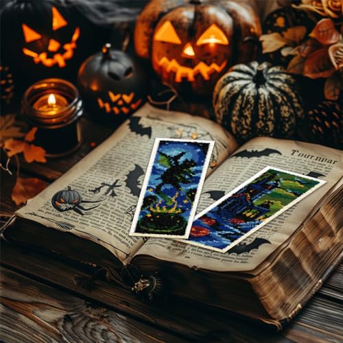 ACRNIGHEET 6PCS Cat Cross Stitch Bookmark Kit DIY Halloween Bookmarks Cross Stitch Kit for Adult Beginners Pumpkin Cross-Stitch Stamped Kits 8.7x3.1inch Stamped Embroidery Bookmark with Instructions - style: Halloween Patterns 1