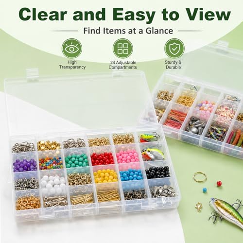 APACALI 4 Pack Large Clear Organizer Box with Dividers, 24 Adjustable Compartments Tackle Box & Bead Organizer for Crafts Small Parts - color: Large size 24 Grids - 4PCS