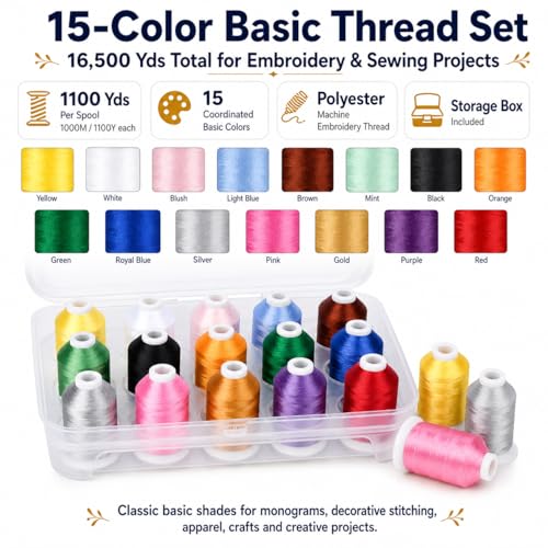 Simthread 15-Color Polyester Embroidery Thread Set, Basic Color Series - color: 15C-Basic-Box