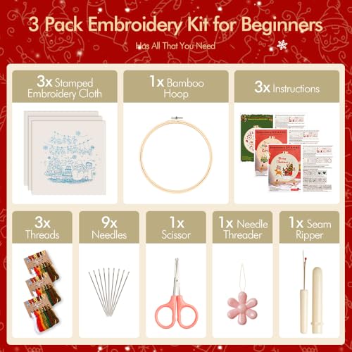 wtisan Christmas Embroidery Kit, Cross Stitch Kits for Beginners, Needlepoint with All Tools & Instructions, Stamped Hand Embroidery Starter Kit for Holiday Crafts & Xmas Home Decor, W13 - color: W13, size: 3 Pack
