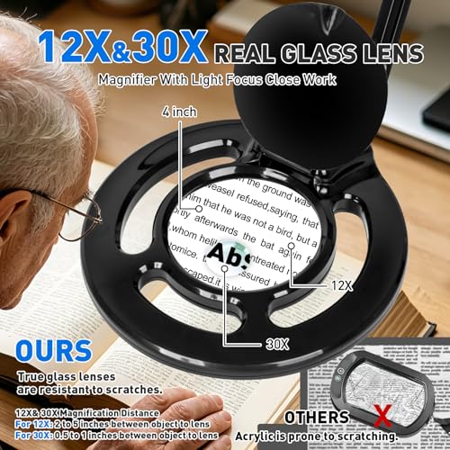 KIRKAS Magnifying Glass with Light, 2,200 Lumens Magnifying Lamp 12X 30X - color: Black 35in Magni-attach