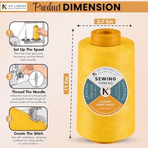 AK Trading 4-Pack Gold All Purpose Sewing Thread Cones (6000 Yards Each) of High Tensile Polyester Thread Spools for Sewing, Quilting, Serger Machines, Overlock, Merrow & Hand Embroidery. - color: GOLD