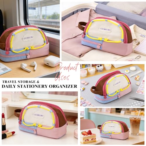 CICIMELON Large Capacity Pencil Case, Cute Aesthetic Pencil Pouch with 3 Compartments, Big Pencil Bag Organizer for School Supplies, Pen Holder for Kids, Girls, Boys, Students - color: Pink Base