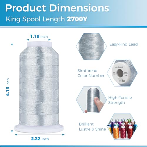 Simthread 2700 Yards Metallic Embroidery Machine Thread - Silver MS-020, 40wt High-Sheen King Spool, Smooth Running & Break Resistant for Commercial & Home Embroidery Machines - color: Silver MS-020