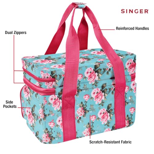 SINGER Sewing Accessories Organizer (Bag Only) – Double Layer Portable Sewing Storage Bag | 2 Detachable Pouches and 18 Compartments, Large Sewing Supplies & Crafting Carry-All (Turquoise Floral) - color: Turquoise Floral