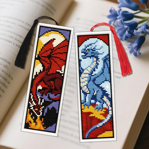 ACRNIGHEET 6PCS Cross Stitch Bookmark Kit for Beginner Dragon Stamped Cross Stitch Kits Needlepoint Kit for Adults DIY Tassel Embroidery Bookmark Kits with Instructions Craft Gift 8.5''x3'' 11CT - style: Dragon Patterns
