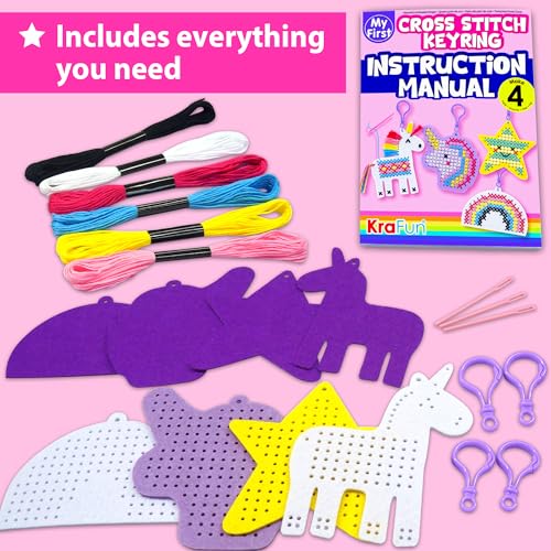 KRAFUN Unicorn Cross Stitch Kit for Kids Age 5+ | 4 Keyrings - color: Unicorn