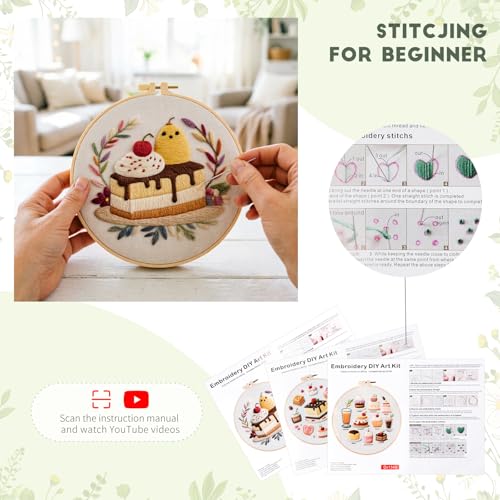 MAKHOT Cake Embroidery Kits for Beginners with Cross Stitch Kits, Embroidery Hoop, Tools,Colorful Threads,Step by Step Instructions,Adults Starter Cross Stitch Kit DIY Needlepoint(3PCS Cake) - color: 3PCS Cake