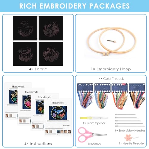 ERKOON 4 Set Embroidery Kit for Beginners, Cross Stitch Set Include Embroidery Cloth Hoops Threads for Craft Lover Hand Stitch with Embroidery Skill Techniques (Marine Animals) - color: Marine Animals