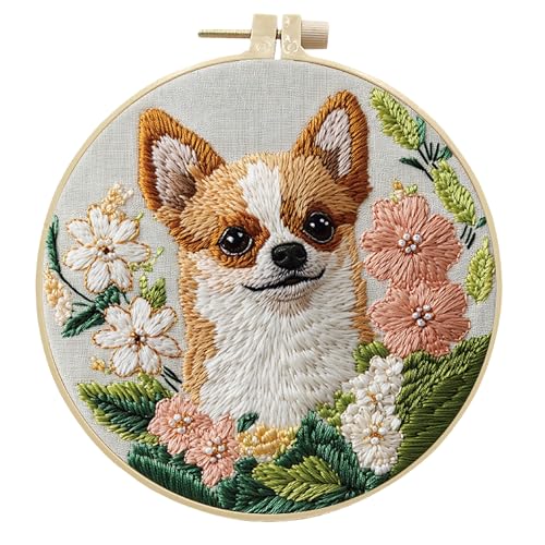 HCANPER Cute Dog Embroidery Starter Kit,DIY Needle Punch Kit, Punch Needle Kits for Beginners,Include Pre-Printed Fabric,Tools,Embroidery Hoop,Threads,Easy for Adults and Children. (White) - color: White