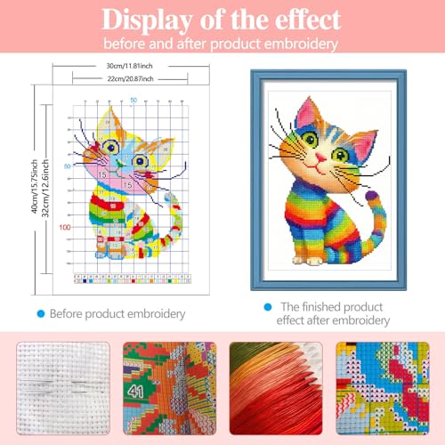 Zhenging Rainbow Cat Cross Stitch Kit for Beginners - 11CT Pre-Printed 30x40cm Fabric with Threads & Needle (No Tools)(67037)
