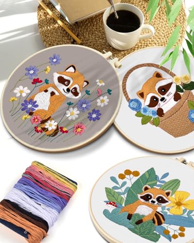 TINDTOP 3 Pack Embroidery Kit for Adult Beginners, Embroidery DIY Starter Kit, with Raccoon Stamped Patterns, Hoop, Tools, Colorful Threads with Needles, Instructions - color: Raccoon
