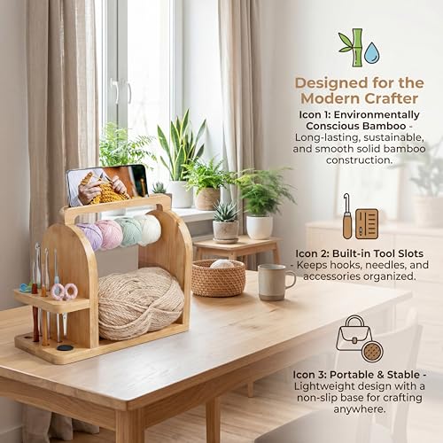Wooden Yarn Holder with Phone Stand & Handy Tool Slot – Portable Yarn Spinner and Detachable Organizer Box for Crocheting, Knitting Projects and Yarn Storage