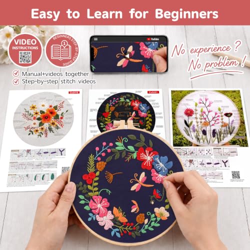 Meyocky Embroidery Kit for Beginners with Floral Leaf Patterns Stitch Video - color: Floral