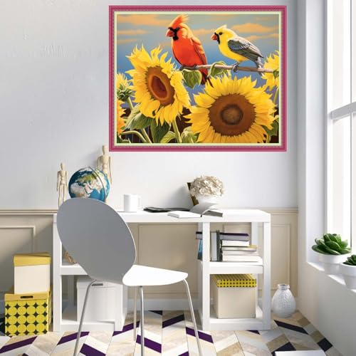 Disnesart Cross Stitch Stamped Full Embroidery Kits DIY 11CT Cotton Thread Printed DIY Needlepoint Kits Craft Needlework Set Cross-Stitch Stamped Sets-Sunflower Bird 16x20 inch - color: Stylepattern06