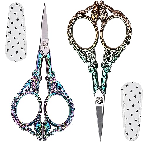 Crochet Scissors with Cover 2 Pack – Vintage Small Embroidery Scissors Set, Sharp Craft Scissors for Yarn Thread Sewing Needlework, Rainbow & Green Bronze Bird Gift for Crocheter, 4.6 Inch - color: Purple&green
