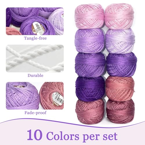 Double Mercerized Egyptian Long Staple Cotton Pearl Thread Ball 10 Grams Rainbow Color Embroidery Thread 10 Colors per Box for Crochet Hardanger Cross Stitch Hand Embroidery,Purple Series - color: purple series