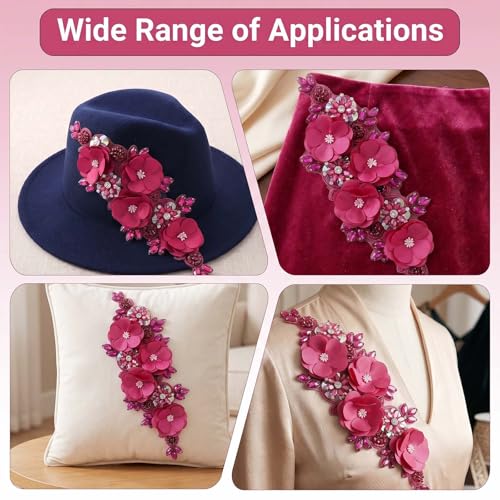 Handmade 3D Flower Embroidery Applique Rhinestone Lace Patches, Rose Red - color: Rose Red