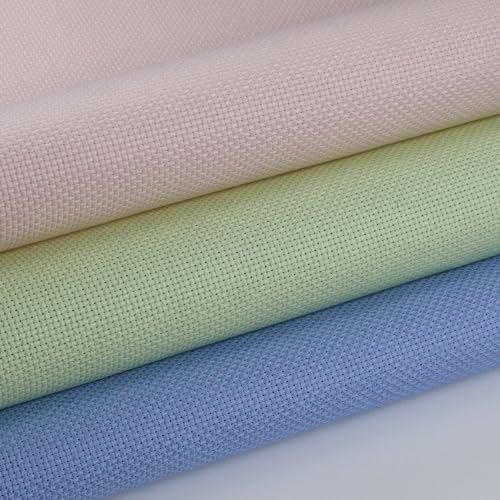 KCS 3 pc of 15" x 18"(38cmx45cm) Counted Cross Stitch Cotton Aida Cloth Needlework Rolled Fabric Box,14CT,Light Blue+Pink+Light Green - color: Light Blue+pink+light Green, size: 14CT