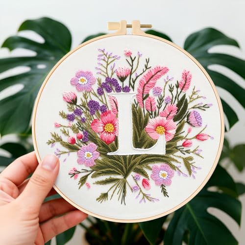 Zerzsy 7.87 '' Embroidery Kits Plant Flower Leaf English Letter Patterns for Beginners Adults, Easy to Learn Cross Stitch Kit for Home Office Decor - color: Letter L