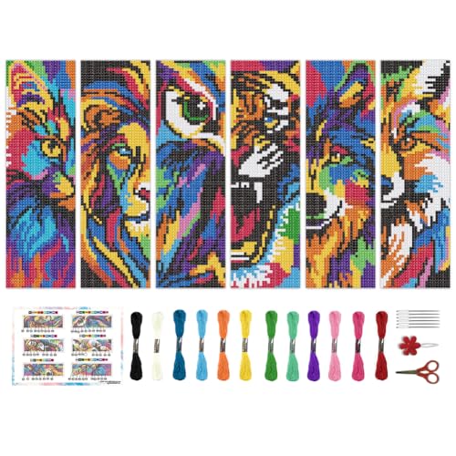 BEUNITONE 6 Pcs Cute Animals Cross Stitch Bookmark Kit for Beginner Cats Stamped Bookmarks Cross Stitch Kits with Instruction DIY Embroidery Bookmarks Cross Stitch Kits for DIY Crafts 8.5''x3'' - style: Painted Cat