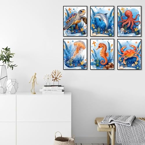 KYOQFVN 6 Pack Stamped Cross Stitch Kit for Adults - Ocean Cross Stitch Kits for Beginners, 11CT Animal Cross-Stitch Kit for Home wall Decor 12×16 Inch（6 Pack - color: SZXHY01-06