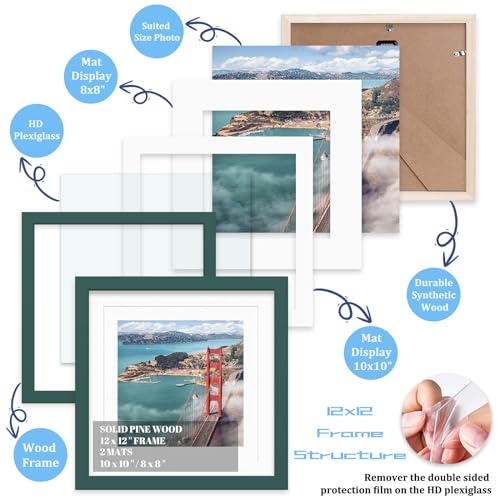 12x12 Wood Picture Frames for Wall Hanging or Tabletop,Diamond Painting Frame Baby Scan Picture Frames with 2 Mats Display 8x8 or 10x10 for Family Walls Decoration,Anniversary,Wedding,Christmas(Dark - color: Dark Green, size: 12x12 inch
