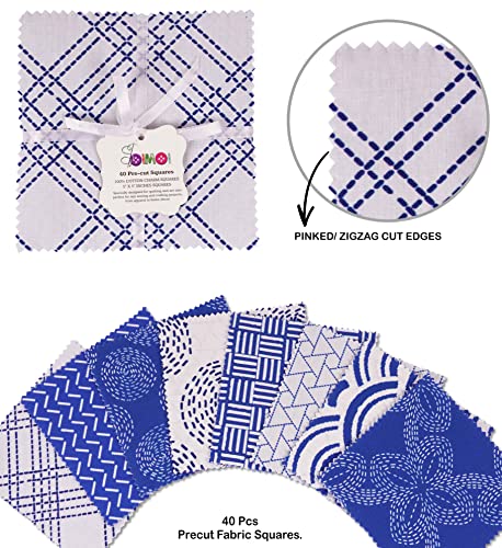 Soimoi Japanese Sashiko Print Precut 5-inch Cotton Fabric Quilting Squares Charm Pack DIY Patchwork Sewing Craft- White & Blue - size: 5x5 Inches