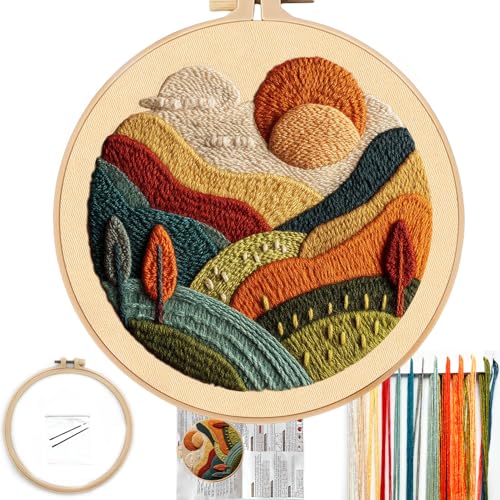 FONNUY Embroidery Kit for Beginners, Textured Vibrant Nature Landscape Pre-Stamped Pattern Kits for Adults with Hoop, Easy to Follow Color Thread Needlework, 8'' Hoop (Green 2) - color: Green 2