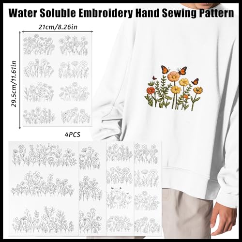 Water Soluble Embroidery Stabilizer 4 Sheets Water Soluble Stabilizer for Embroidery Patterns Stick and Stitch EmbroideryPaper Designs Transfer Paper with Pre-Printed Flower Leave for Hand Sewing