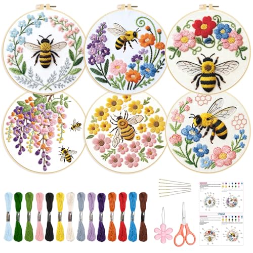 ORIGACH 6 Pack Bees & Flowers Embroidery Kit for Beginners - style: Bees & Flowers